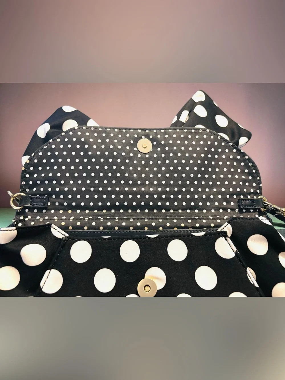Lulu Guinness Black Polka Dot Bow Clutch with Gold Chain